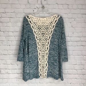 Umgee Crochet Back Heathered Long Sleeve Top Blue Medium Semi-Sheer Blouse